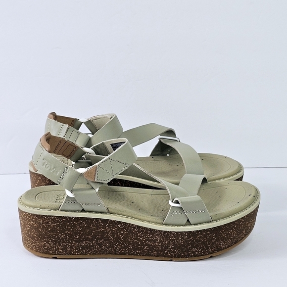 New! Teva Madera Wedge Leather Platform Sandals in Eucalyptus - Picture 2 of 13